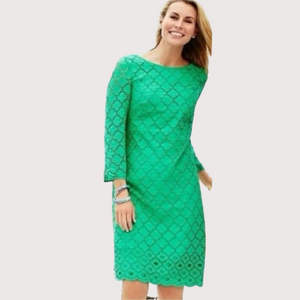Talbots Green Lace Shift Dress 8P Long Sleeve